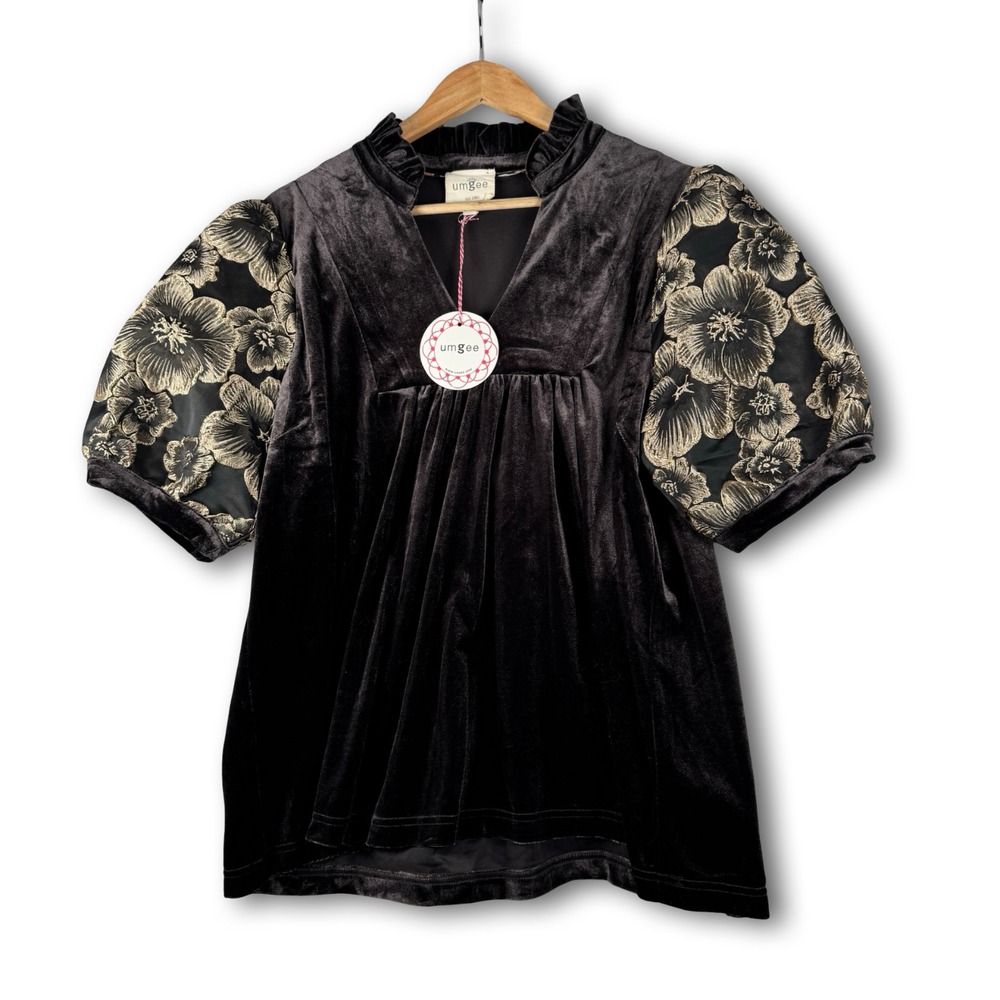 Nwt New UMGEE Womens Velvet Adorable Espresso Puff Sleeve Shirt Top Sz M Medium